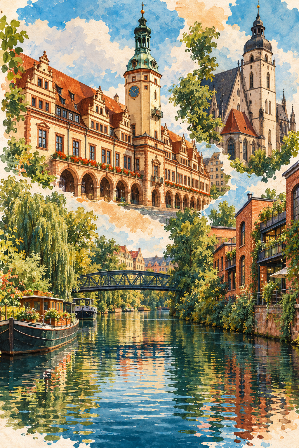 Ilustração artística de Leipzig reunindo arquitetura histórica, uma torre de igreja e um canal arborizado.