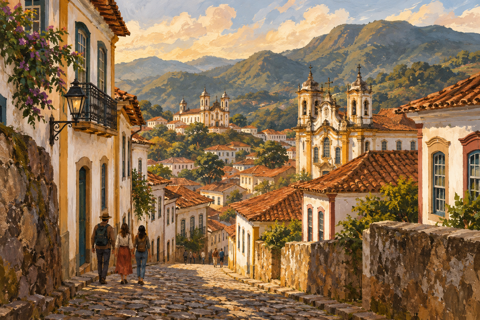 Ilustração artística de Ouro Preto, com igrejas, casario e ruas de pedra entre morros.