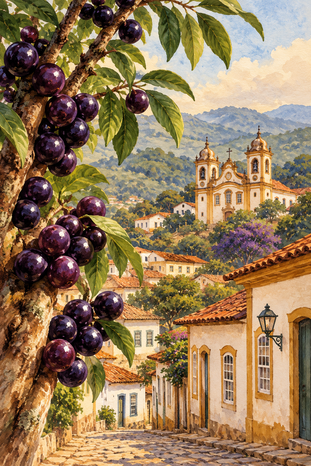 Ilustração artística de Sabará com casario histórico, igreja e jabuticabas em primeiro plano.