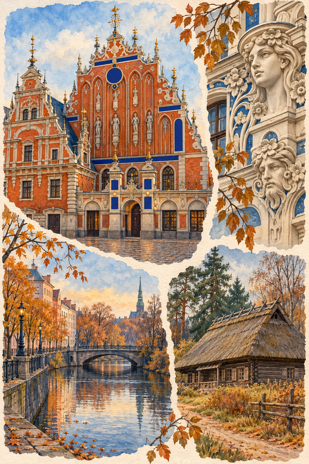Ilustração de Riga em vinhetas separadas, com a Casa dos Cabeças Negras, ornamentos art nouveau, um canal e construções rurais de madeira, em tons de outono.