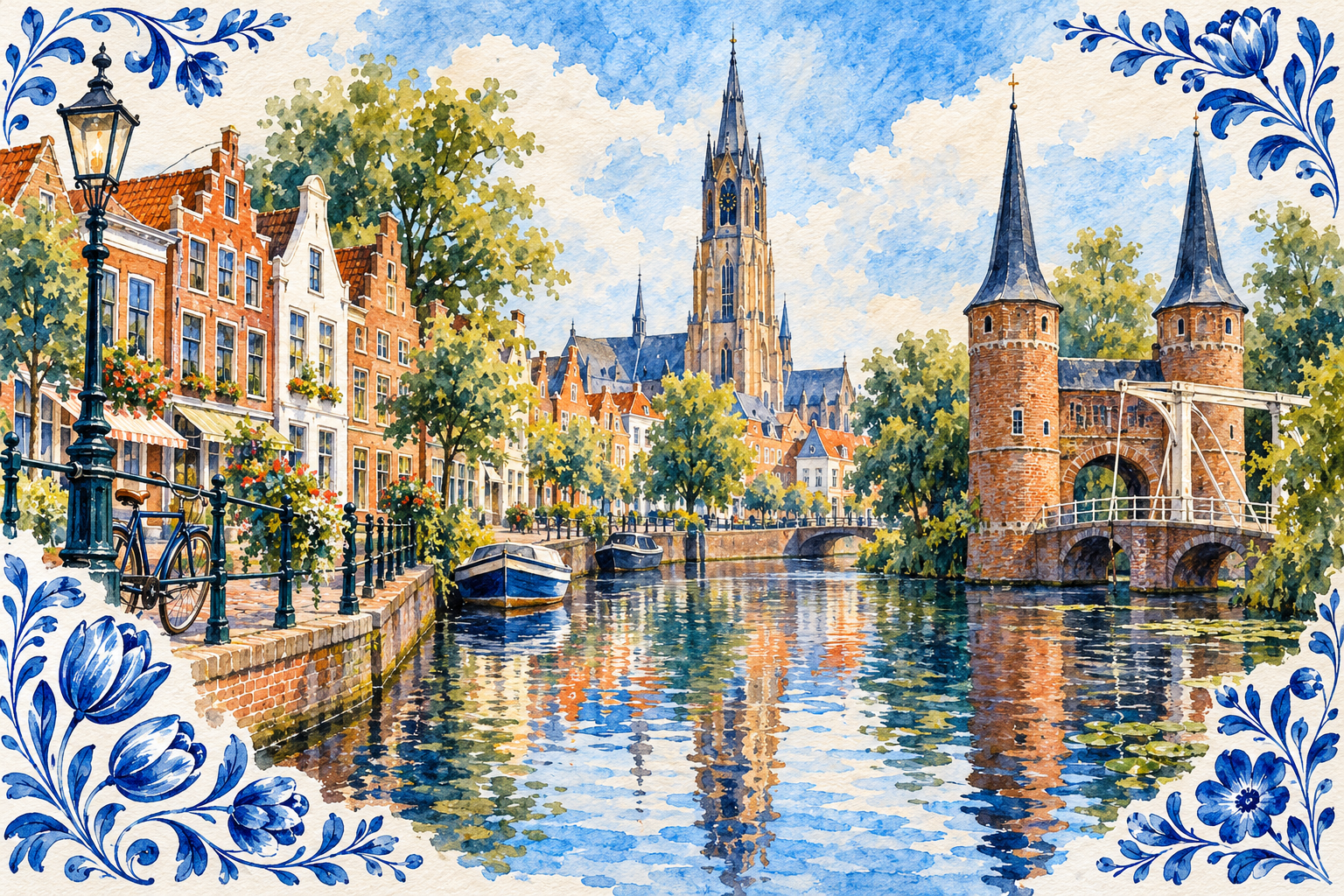Ilustração artística de Delft com canais, torres de igrejas e motivos de cerâmica azul.