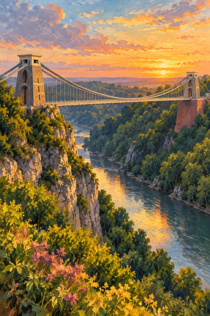Ilustração da Clifton Suspension Bridge sobre o desfiladeiro do Avon, em Bristol, com encostas arborizadas e o rio abaixo.