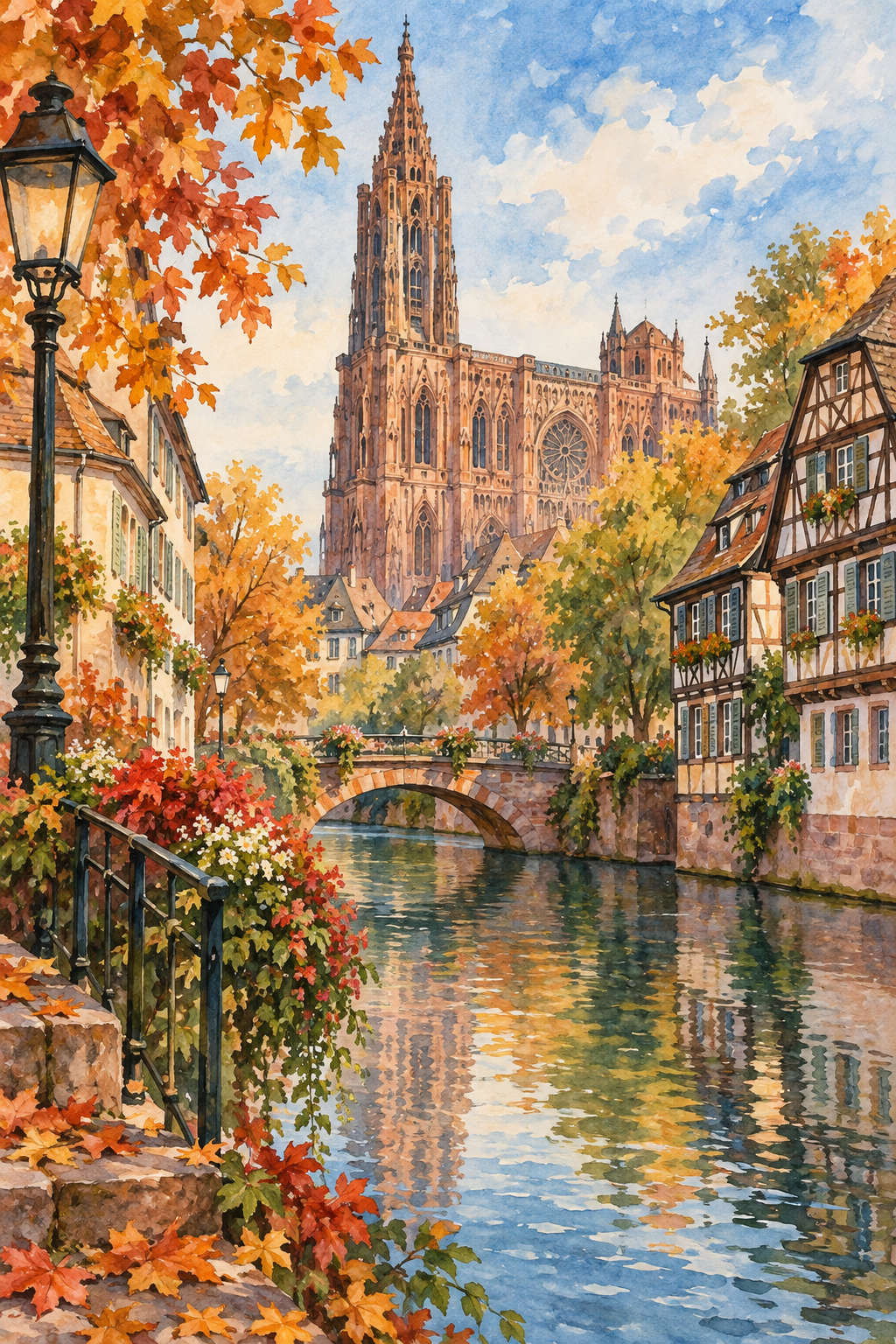 Ilustração artística de Estrasburgo, com a catedral, casas junto aos canais e árvores em tons de outono.