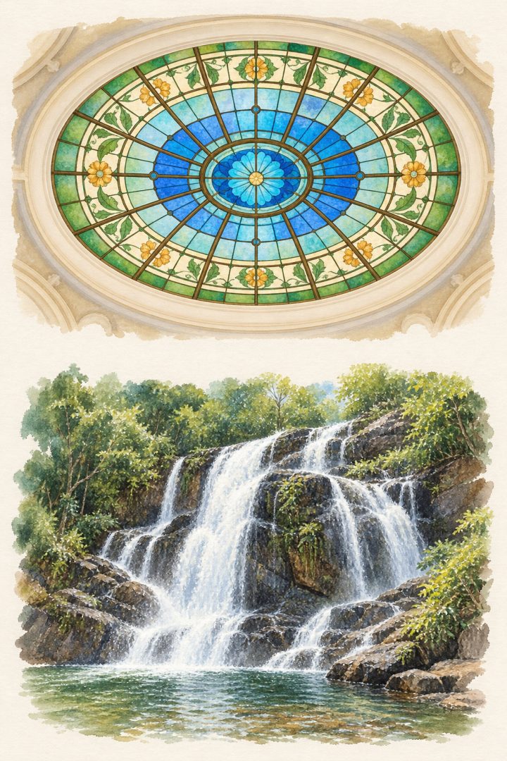 Composição artística imaginada de Poços de Caldas, sem correspondência geográfica real entre as cenas: duas vinhetas separadas mostram o vitral no teto do interior das Thermas Antônio Carlos e as quedas do Véu das Noivas entre rochas e vegetação.