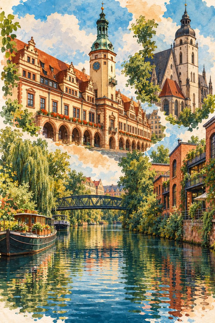 Ilustração artística de Leipzig reunindo arquitetura histórica, uma torre de igreja e um canal arborizado.