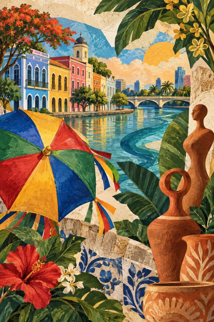 Ilustração artística do Recife com referências ao frevo, ao Capibaribe, à cerâmica e aos jardins, sem aparência de fotografia.