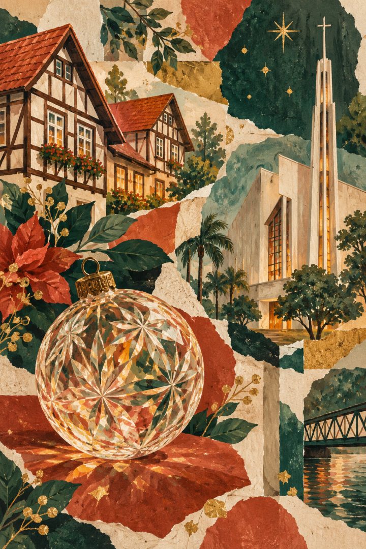 Ilustração artística de Blumenau reunindo casas em enxaimel, formas da Catedral, cristal e luzes natalinas em uma composição imaginada.