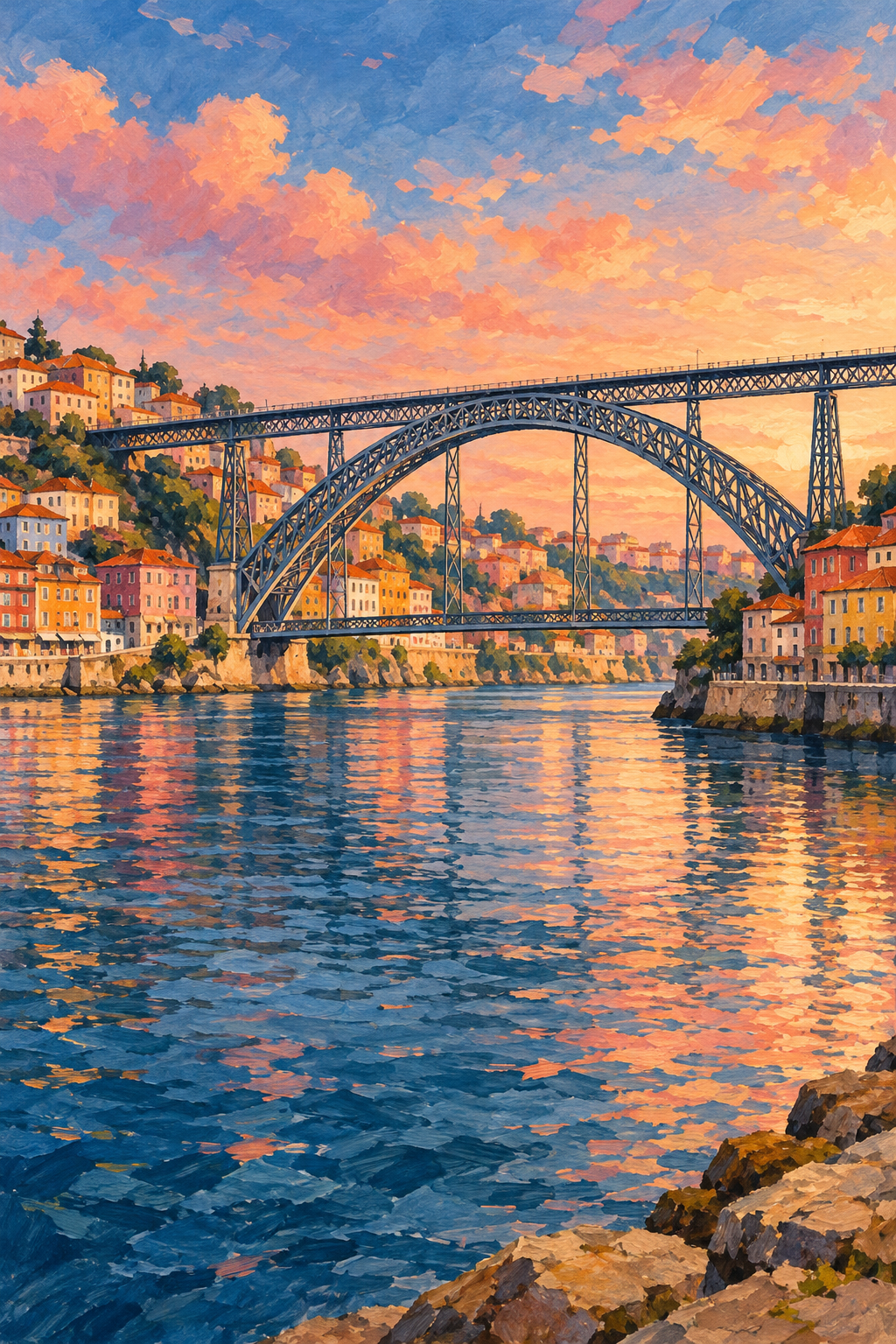 Ilustração em guache da Ponte Luís I sobre o rio Douro, entre Porto e Vila Nova de Gaia, com fachadas coloridas nas margens.