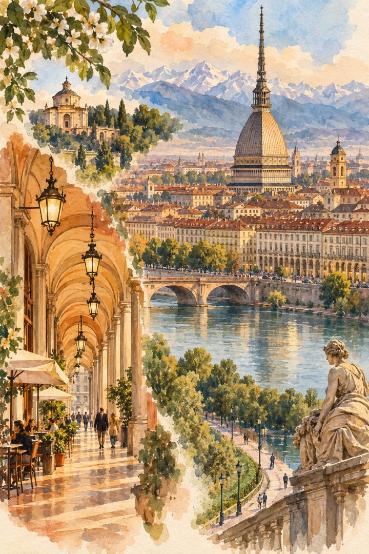 Ilustração artística de Turim com a silhueta da Mole Antonelliana, fachadas históricas, o rio Po e jardins.