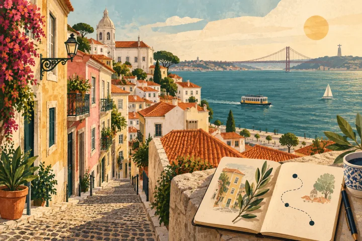 Ilustração artística inspirada nas ladeiras e no horizonte fluvial de Lisboa.