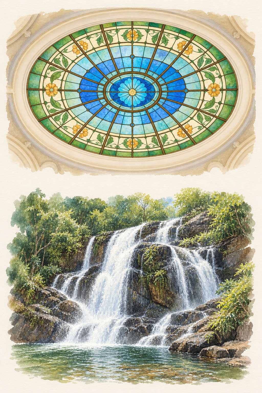 Composição artística imaginada de Poços de Caldas, sem correspondência geográfica real entre as cenas: duas vinhetas separadas mostram o vitral no teto do interior das Thermas Antônio Carlos e as quedas do Véu das Noivas entre rochas e vegetação.