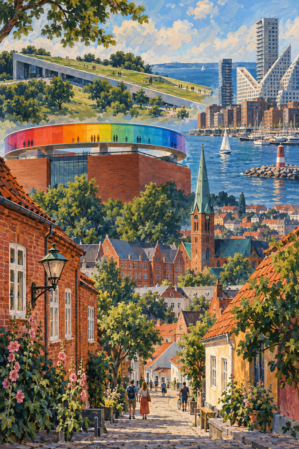 Ilustração artística de Aarhus com o anel colorido do ARoS, casas históricas, a cobertura verde do Moesgaard e a orla contemporânea.