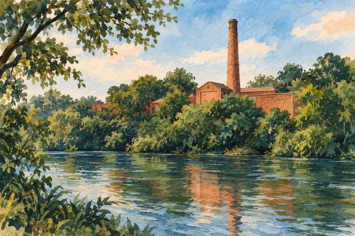 Ilustração em aquarela do Engenho Central de Piracicaba, com edifício de tijolos, chaminé e vegetação junto ao rio em primeiro plano.
