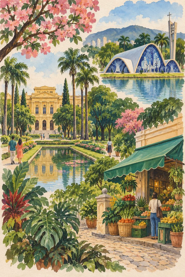 Ilustração artística de Belo Horizonte reunindo jardins da Praça da Liberdade, mercado e curvas da Igreja São Francisco de Assis.
