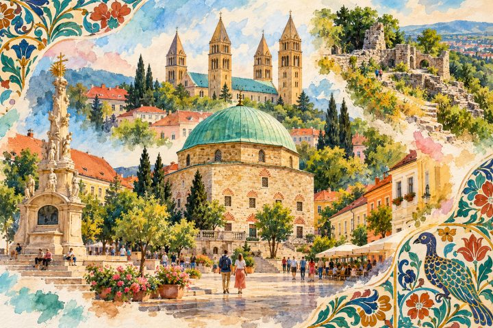Ilustração artística de Pécs reunindo a praça Széchenyi, as torres da Catedral, motivos cerâmicos Zsolnay e as ruínas de Tettye.