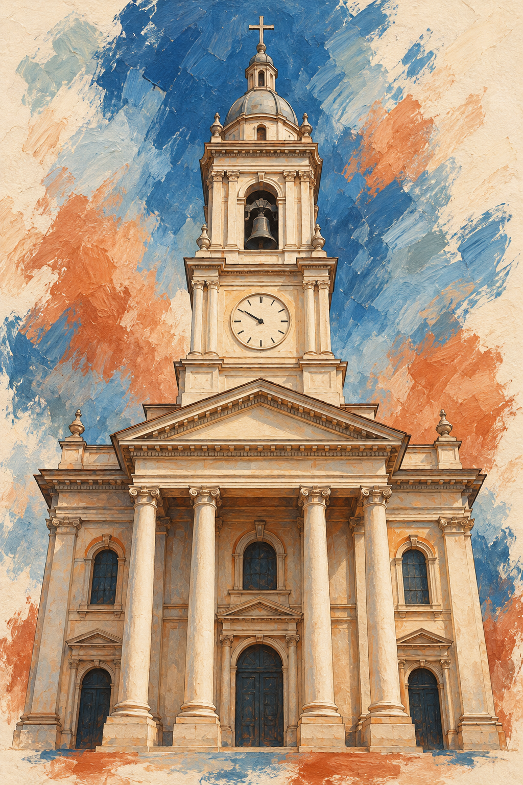 Ilustração da Catedral Metropolitana de Campinas, com fachada clara, colunas, frontão triangular, relógio e torre central com sino e cruz.