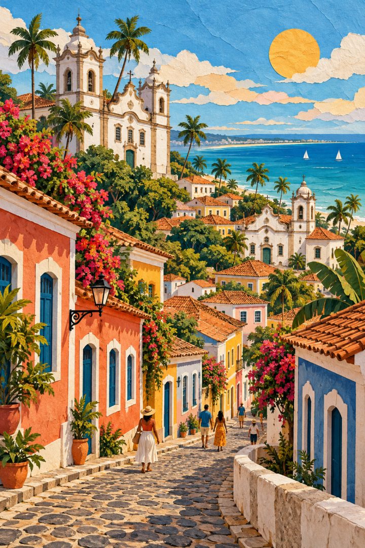 Ilustração artística de Olinda, com ladeiras, casario colorido, igrejas, coqueiros e o mar ao fundo.