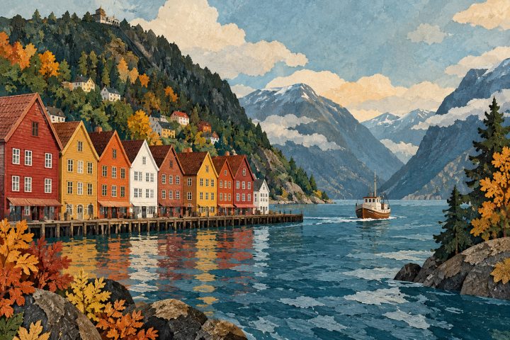 Ilustração artística de Bergen com fachadas coloridas junto ao cais, encostas arborizadas e um barco em águas de fiorde.
