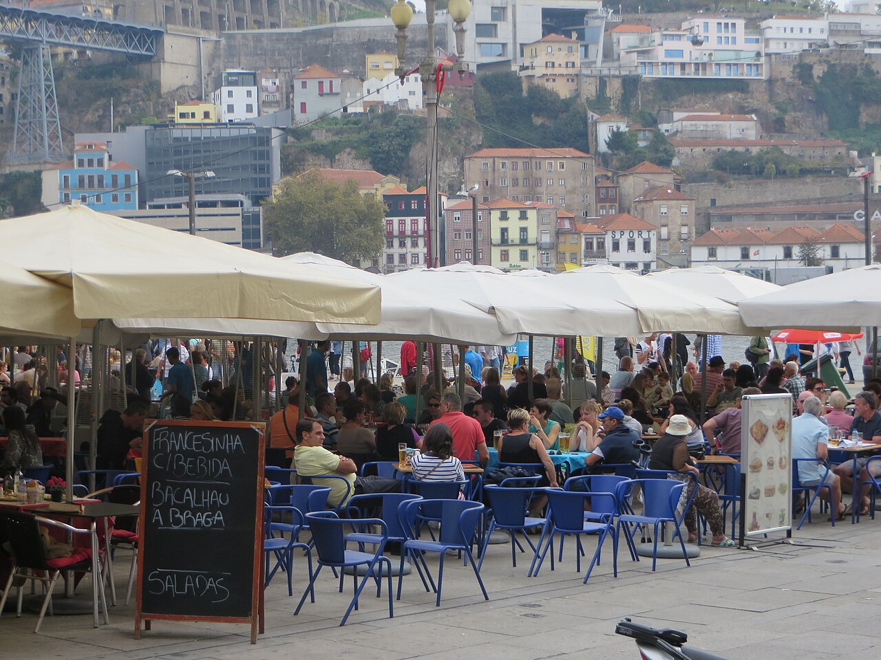 Esplanadas com guarda-sóis claros e cadeiras azuis no Cais da Ribeira, com edifícios na encosta ao fundo.