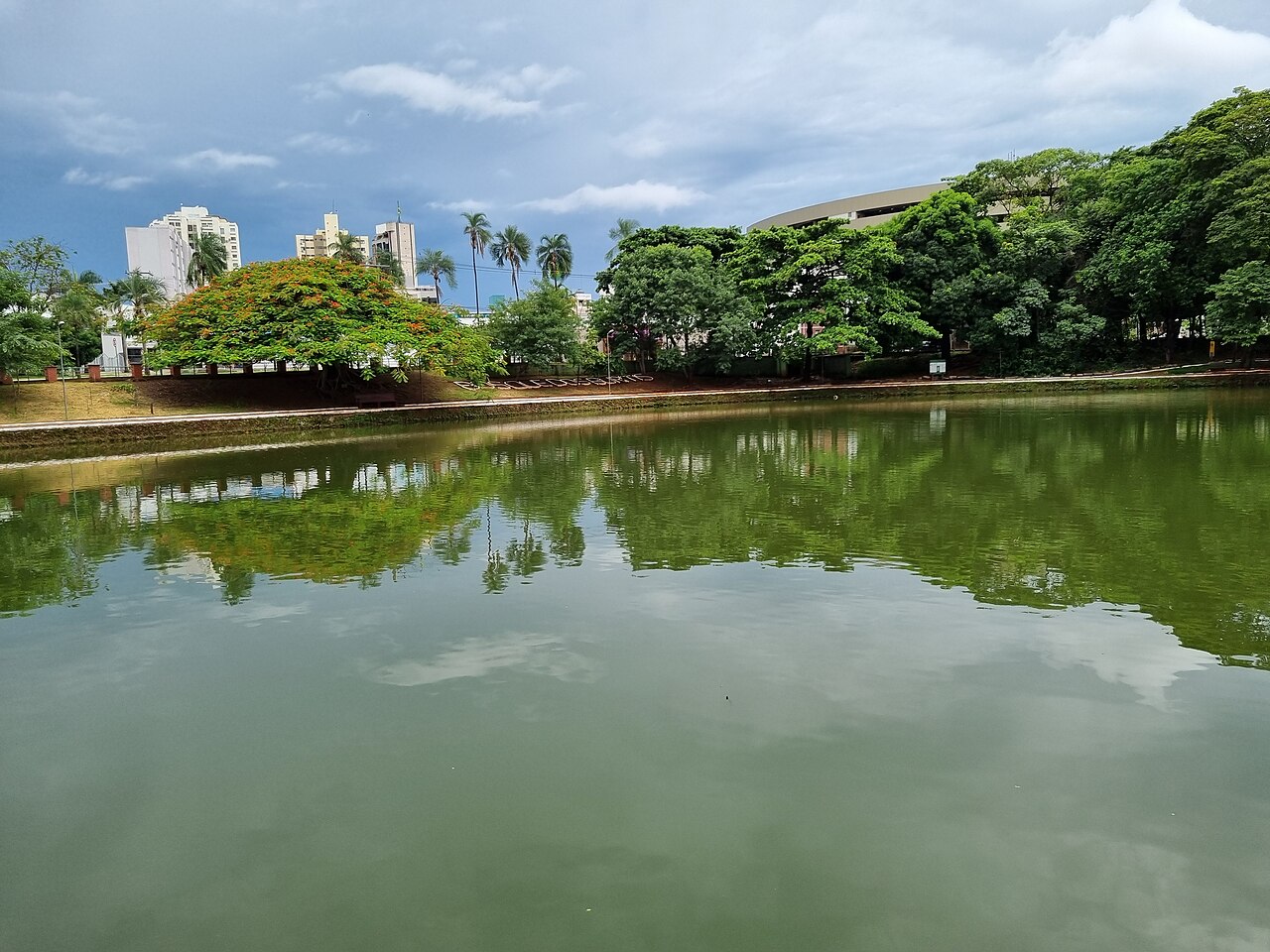Lago esverdeado no Bosque dos Buritis, com árvores, palmeiras, caminho na margem e edifícios ao fundo sob céu nublado.