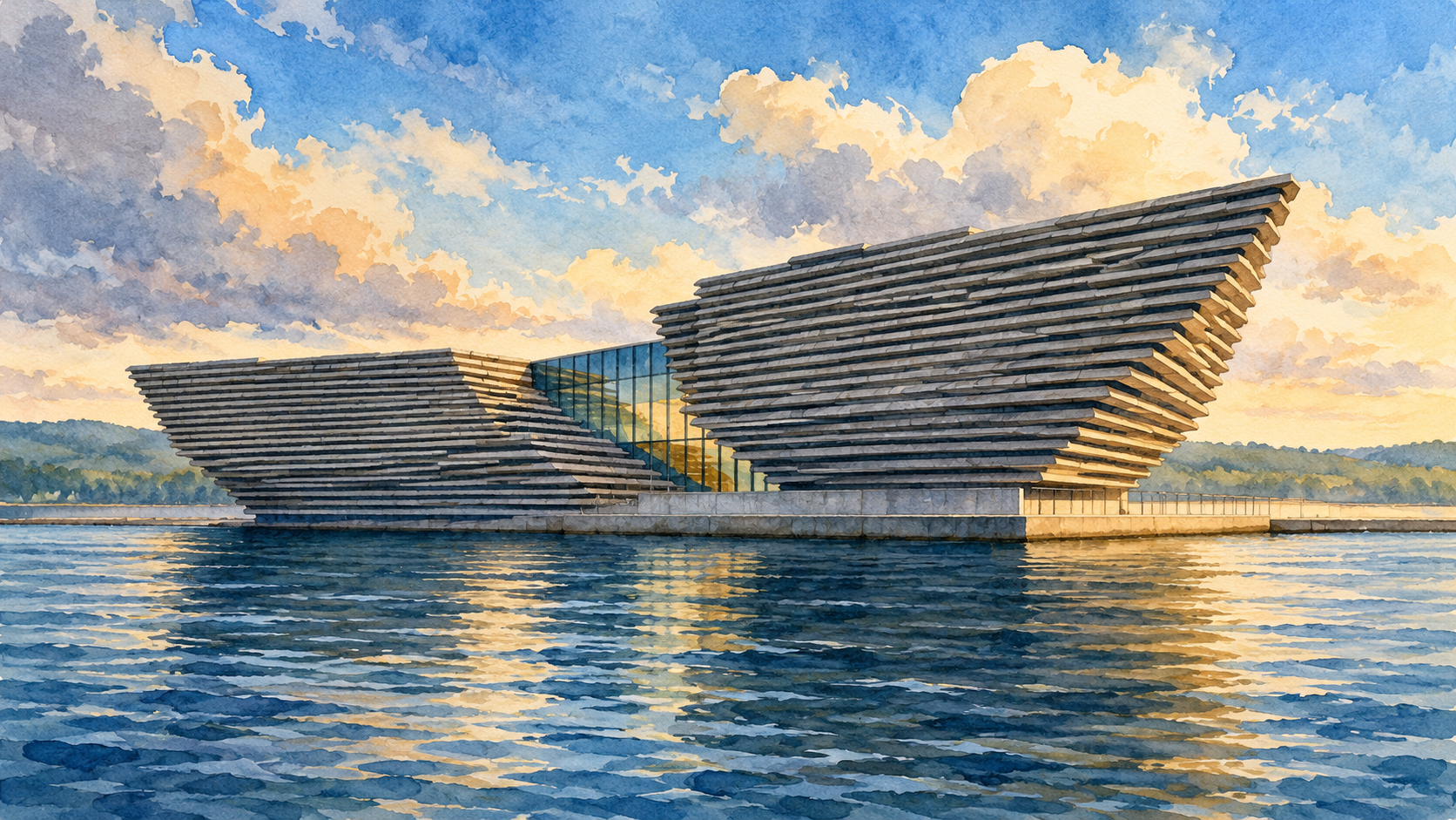 Ilustração do V&A Dundee, com volumes angulares e faixas horizontais junto ao rio Tay, em tons de azul e cinza.