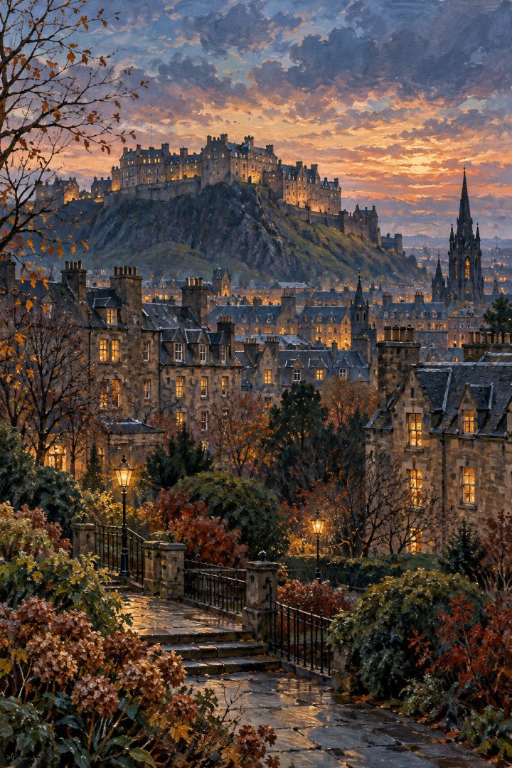Ilustração artística de Edimburgo com o castelo, telhados de pedra e jardins em uma paleta de inverno.