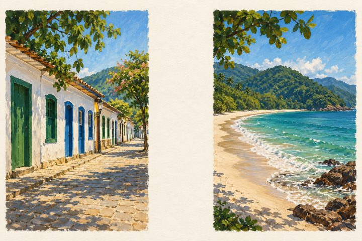 Ilustração de São Sebastião em duas vinhetas separadas por uma faixa clara: casario do Centro Histórico à esquerda e praia de Boiçucanga com morros de Mata Atlântica à direita.