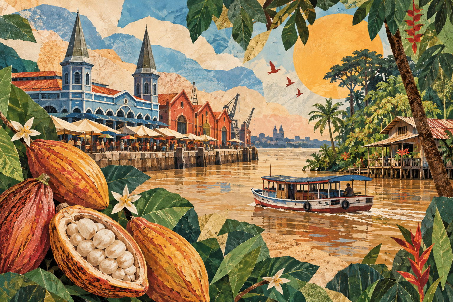 Ilustração artística de Belém com referências ao Ver-o-Peso, à vegetação amazônica, aos rios e ao cacau do Combu.