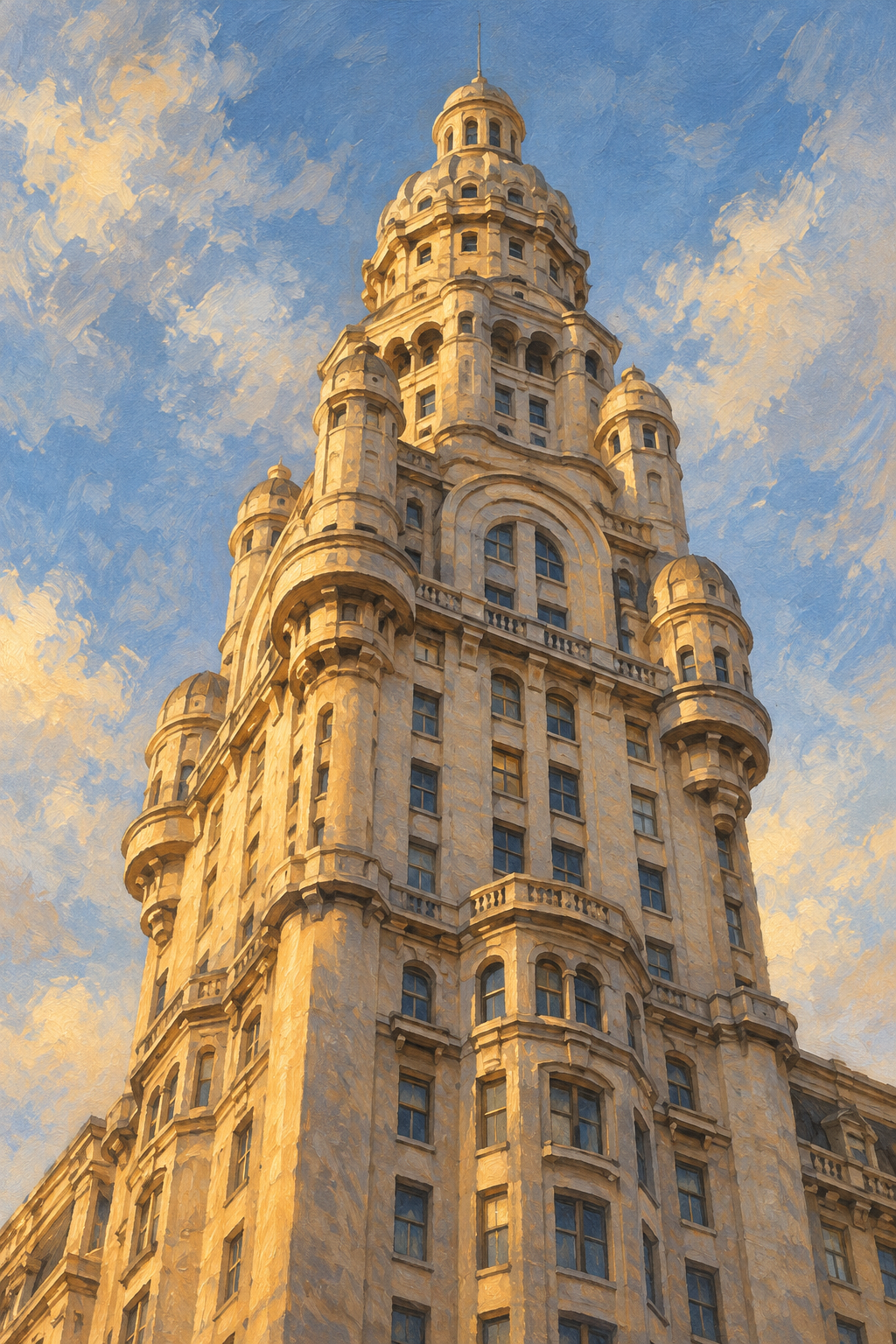 Ilustração pictórica do Palacio Salvo, em Montevidéu, com sua torre destacada contra um céu azul acinzentado e textura de papel.