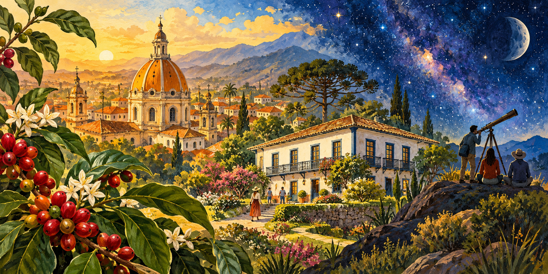 Ilustração artística de São Carlos que reúne referências à Catedral, à paisagem cafeeira da Fazenda do Pinhal e à astronomia.
