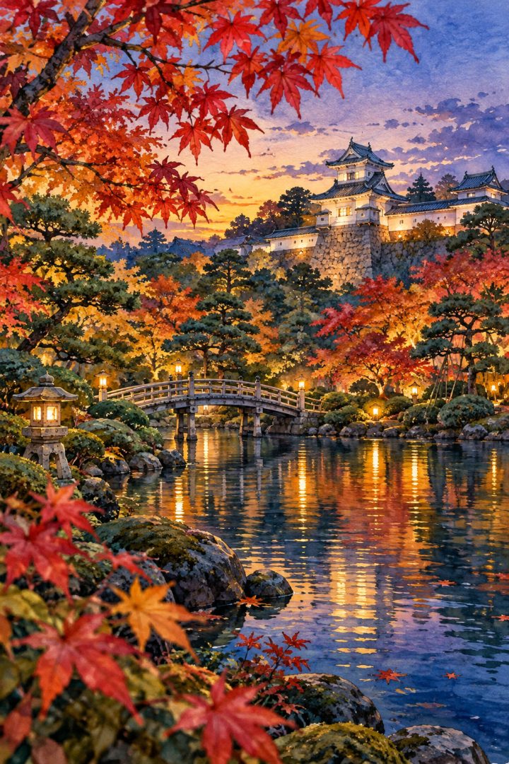 Ilustração artística de Kanazawa no outono, com jardim, lago, arquitetura do castelo e luzes refletidas na água.