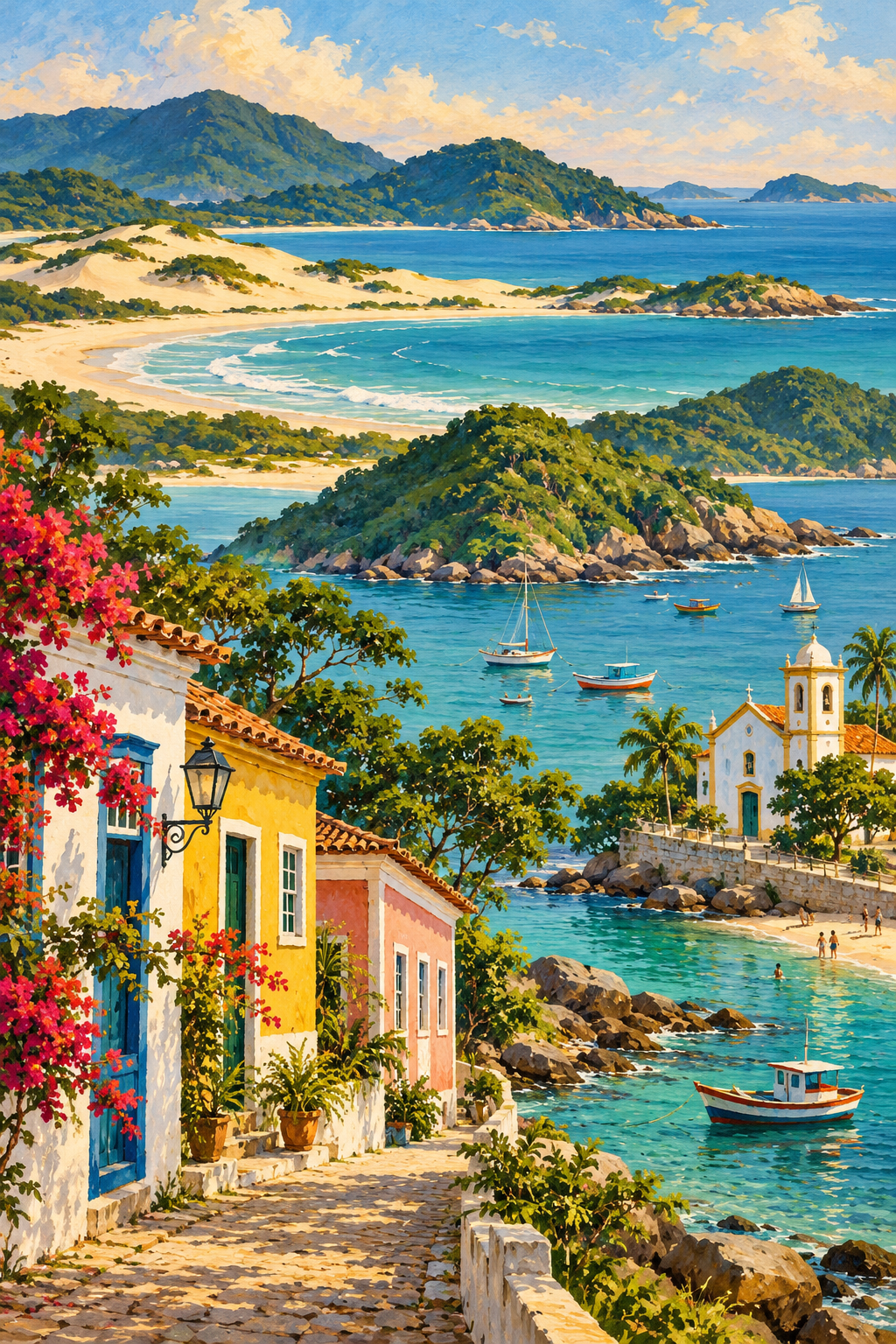 Ilustração artística de Florianópolis com lagoa, morros verdes, faixa de praia e fachadas coloridas inspiradas nas freguesias da ilha.