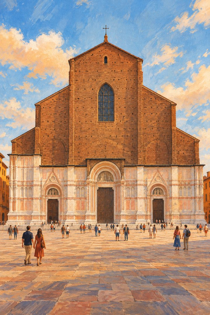 Ilustração da Basílica de San Petronio, na Piazza Maggiore, em Bolonha, com fachada parcialmente revestida de mármore e pequenas figuras na praça, em tons de terracota e ocre.