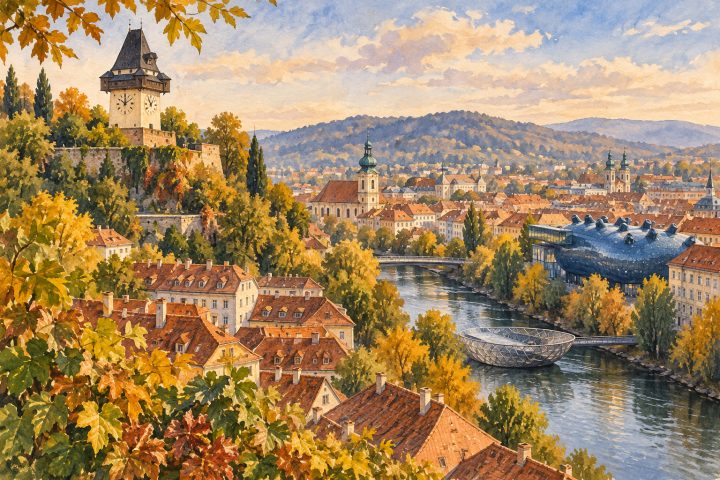 Ilustração artística de Graz no outono, com a Uhrturm, telhados do centro histórico, o rio Mur e formas inspiradas no Kunsthaus.