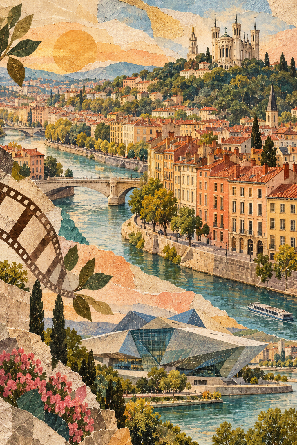 Ilustração artística de Lyon reunindo Fourvière, rios, arquitetura contemporânea e referências ao cinema.