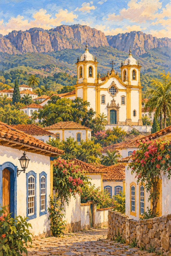 Ilustração artística de Tiradentes com igreja de duas torres, casario de telhados cerâmicos e uma elevação rochosa ao fundo.