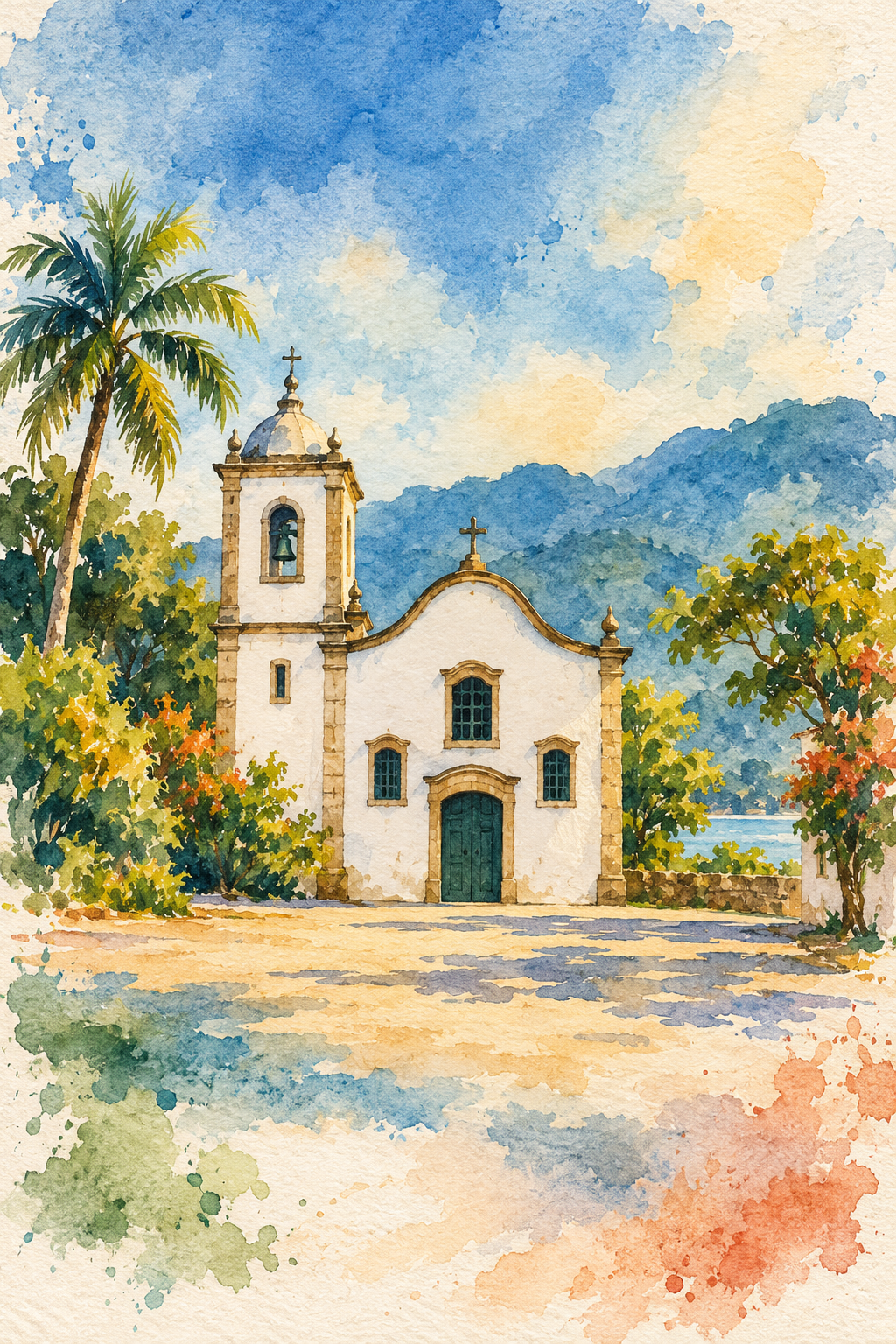 Ilustração em aquarela da Igreja de Santa Rita, em Paraty, com fachada branca, portas escuras e torre sineira à esquerda de quem olha.