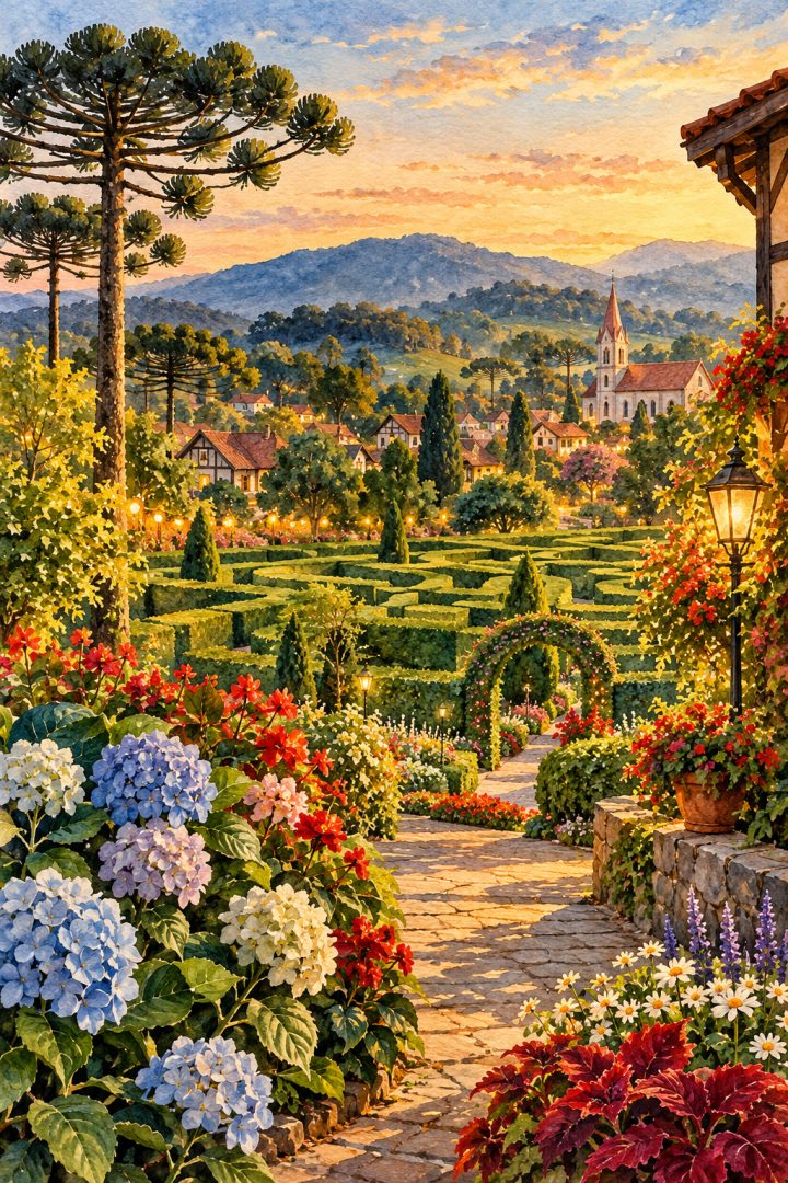 Ilustração artística de jardins, cercas vivas e colinas inspiradas em Nova Petrópolis, com luzes natalinas imaginadas ao entardecer.