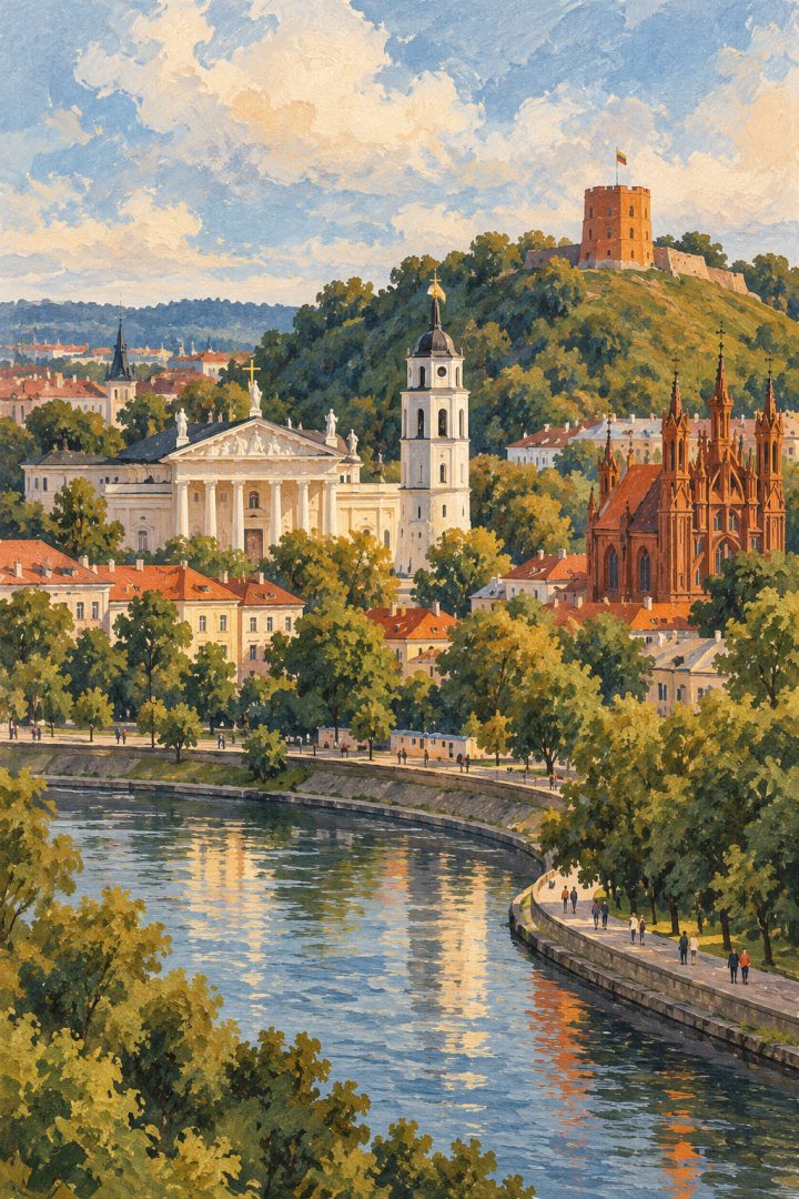 Ilustração artística de Vilnius com a Catedral branca, a Torre de Gediminas na colina e fachadas de tijolos vermelhos junto ao rio.