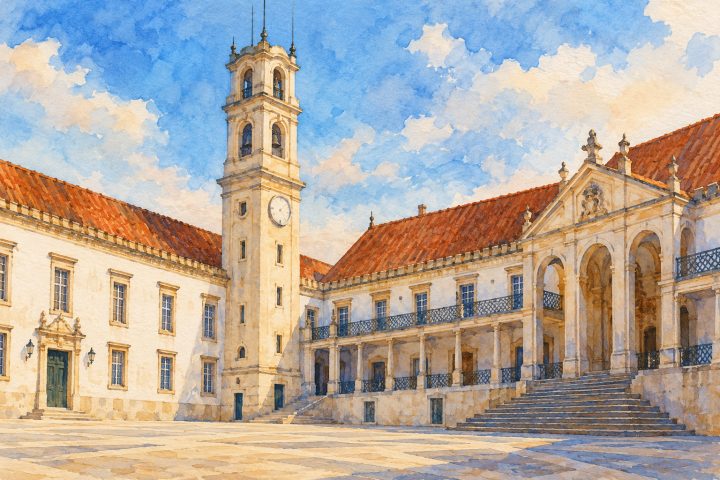 Ilustração em guache e aquarela da Torre da Universidade de Coimbra, com parte do pátio do Paço das Escolas em primeiro plano.
