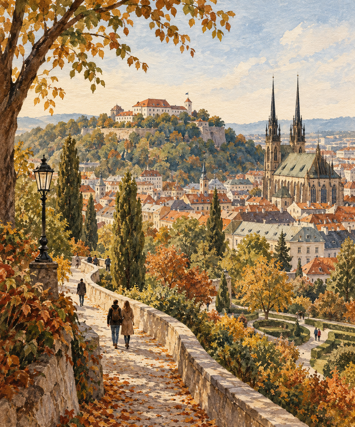 Ilustração artística de Brno, com as torres de Petrov, a colina de Špilberk e jardins em uma composição urbana.