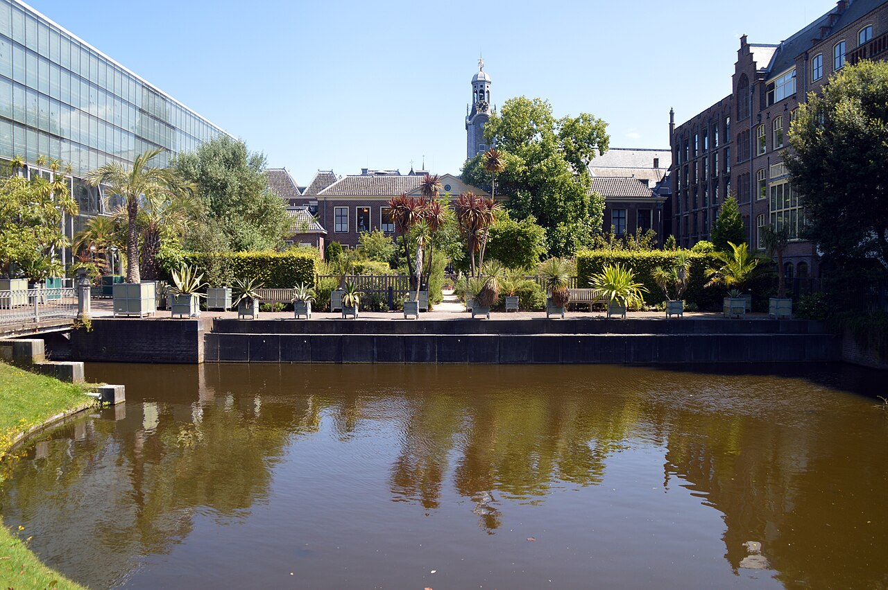 Jardim do Hortus junto a um canal, com plantas em vasos, bancos, construção envidraçada e edifícios ao fundo.