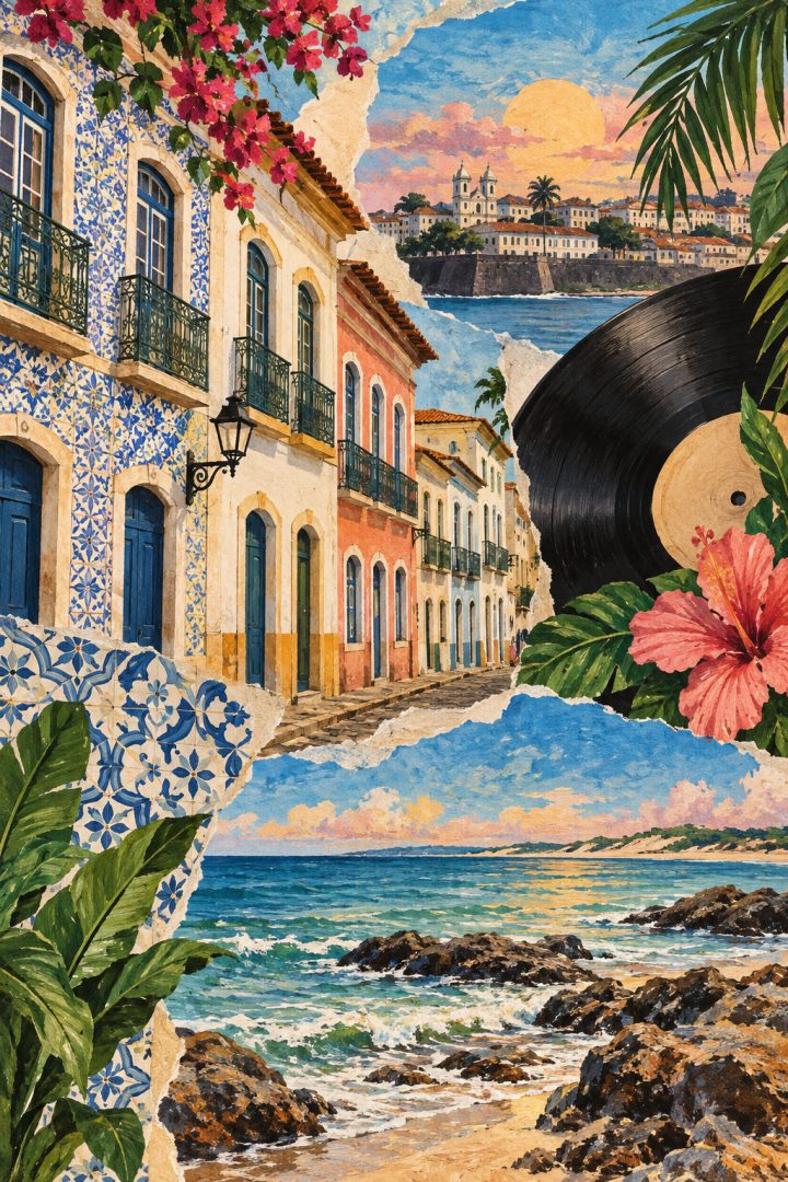 Ilustração artística de São Luís com sobrados, padrões de azulejos, referências ao reggae e uma faixa de mar.