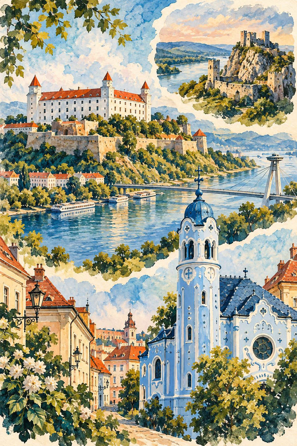 Ilustração artística de Bratislava com o castelo, a Igreja Azul, o Danúbio e as ruínas de Devín em composição conceitual.
