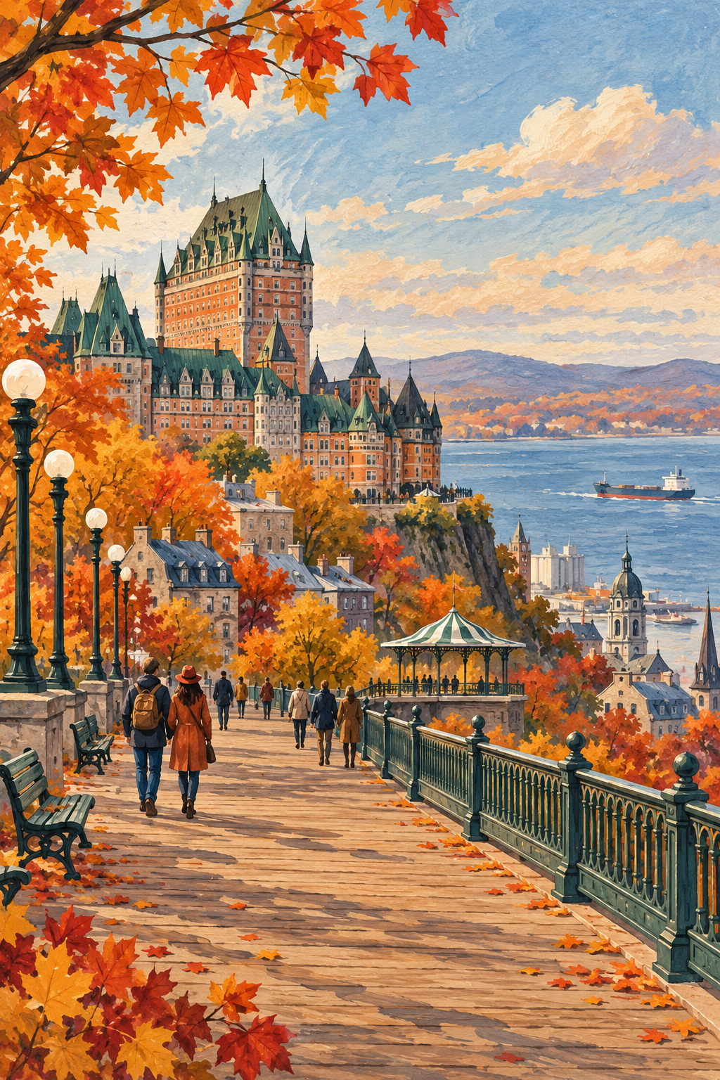 Ilustração artística de Québec no outono, com o Château Frontenac, o rio São Lourenço e folhas em tons ocres.