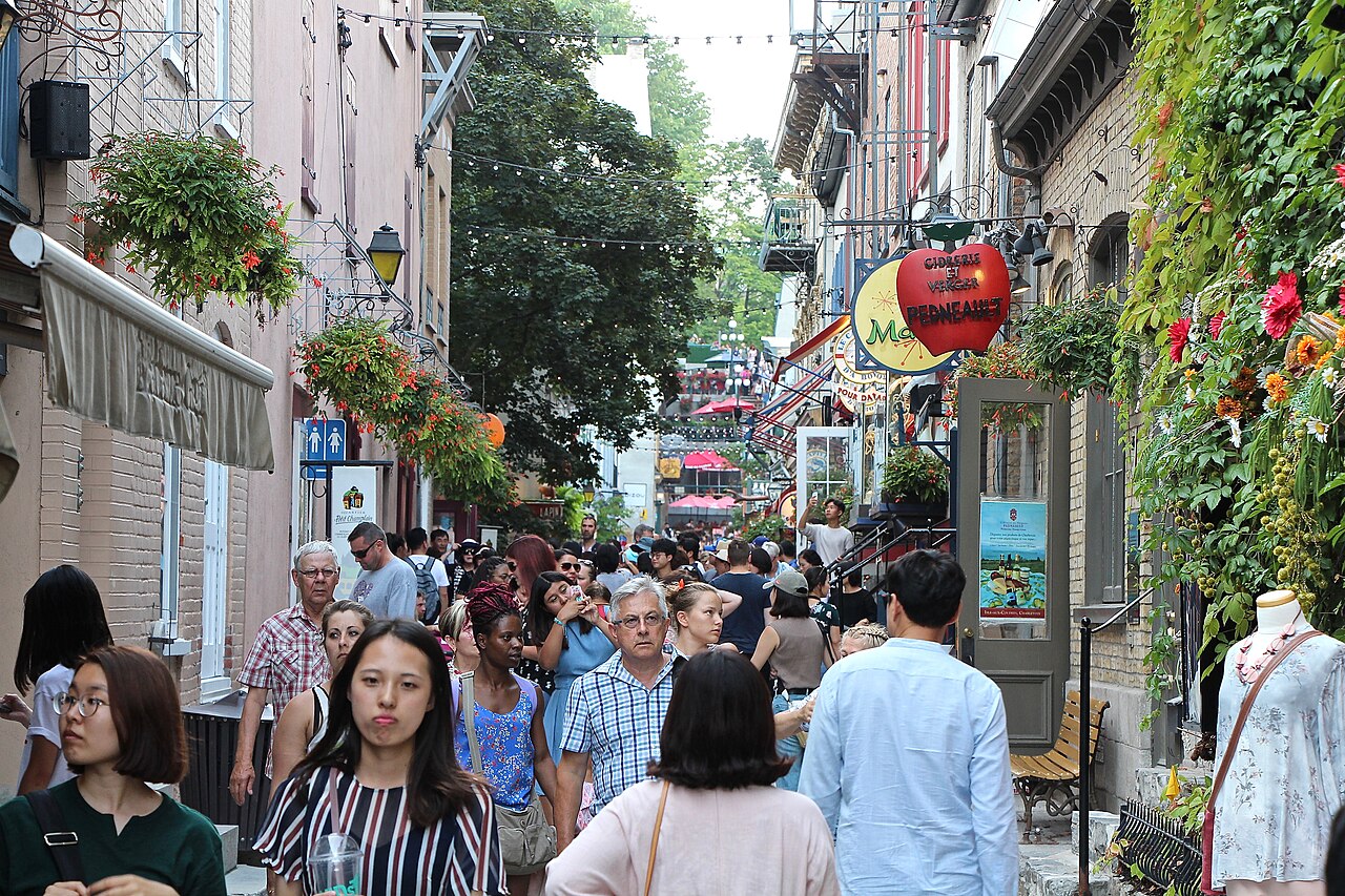 Rue du Petit-Champlain movimentada, com pedestres, fachadas de pedra e tijolo, placas em francês, cestos de flores, trepadeiras e cordões de luzes.