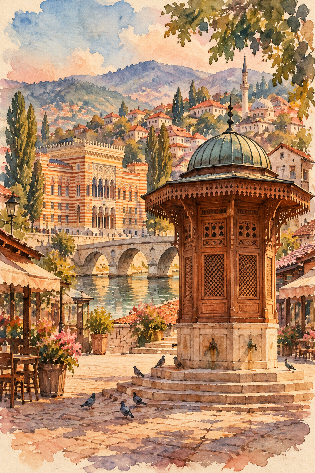 Ilustração artística de Sarajevo com o Sebilj, a Vijećnica, o rio e encostas ao fundo.