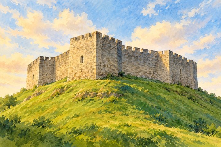 Ilustração em aquarela e guache da fortificação poligonal de Cardiff Castle sobre uma elevação gramada, com muralhas de pedra e céu suave ao fundo.
