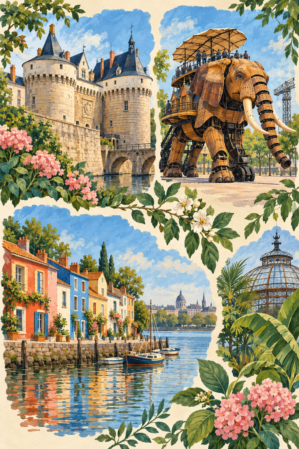 Ilustração artística de Nantes reunindo o castelo, um elefante mecânico, jardins e fachadas coloridas junto ao Loire.
