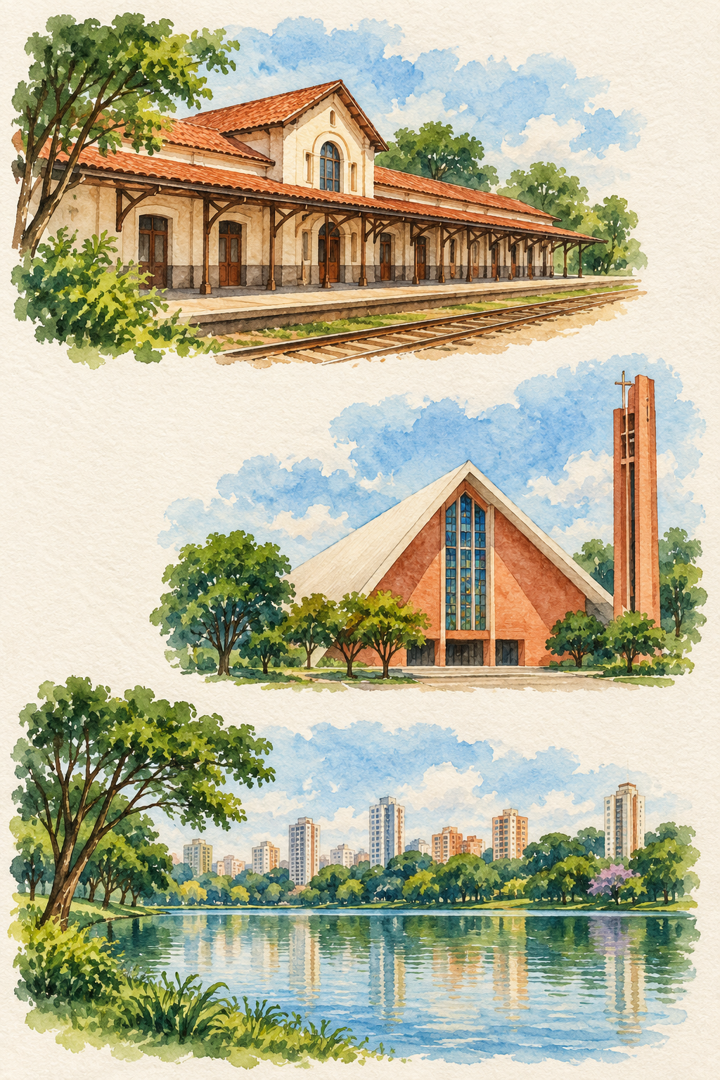 Colagem ilustrada de Londrina em três vinhetas separadas: antiga estação ferroviária, Catedral com cobertura triangular branca e torre estreita lateral, e Lago Igapó com margem arborizada.
